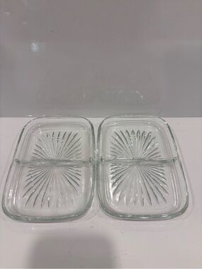 Vintage Clear Pressed Glass Divided Relish Dishes Pair Starburst Pattern